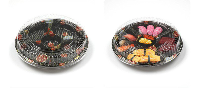 Boîte à sushi jetable personnalisée en plastique rond avec couvercle cinq grilles Corps de saumon épineux vendu Boîte à lunch