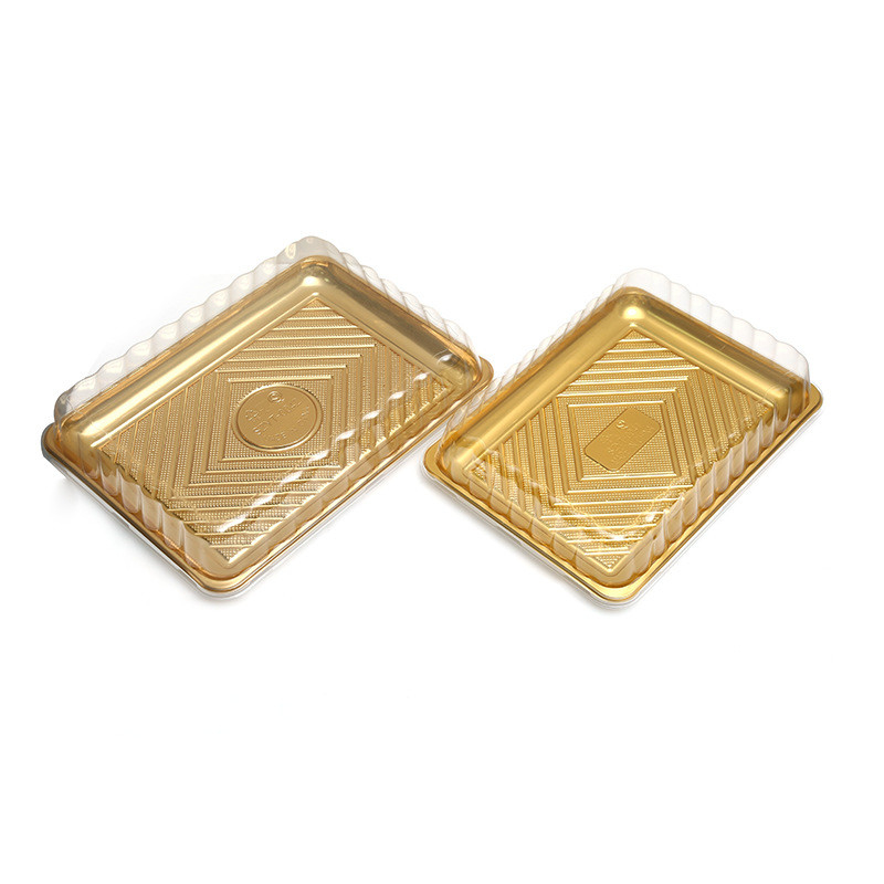 Stock de feuille d'or de grande capacité rectangle plastique jetable plateau de sushi pour la fête