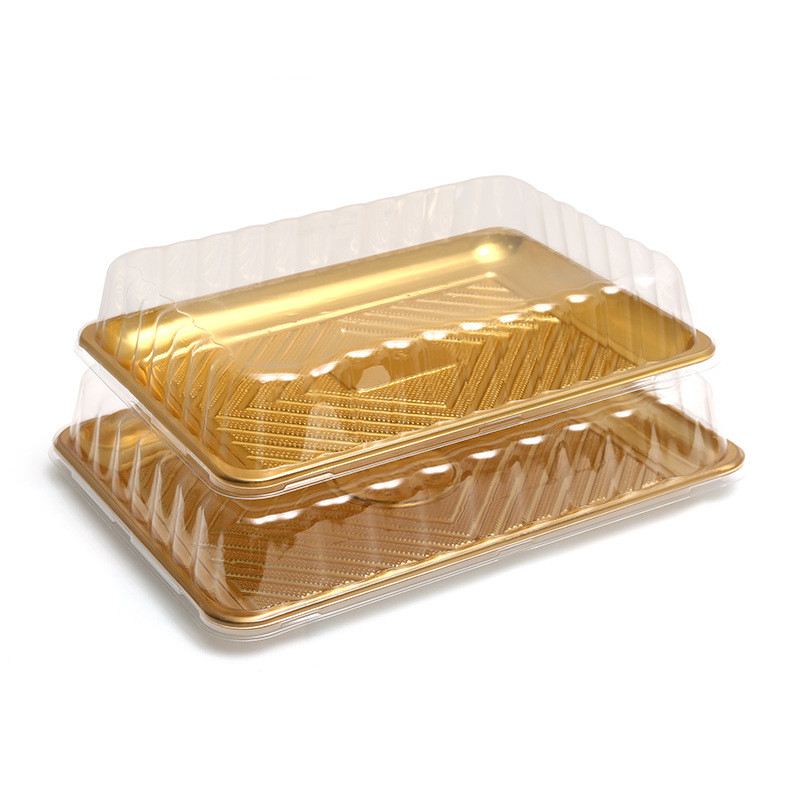 Stock de feuille d'or de grande capacité rectangle plastique jetable plateau de sushi pour la fête