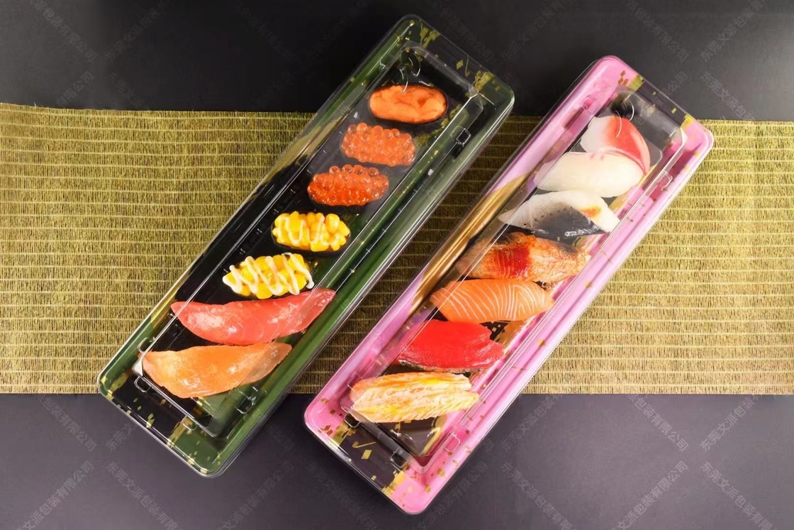 Emballage à vendre à chaud en plastique jetable personnalisé PP/PET/OPS design populaire super grande taille pour la fête du plateau de sushi à emporter。