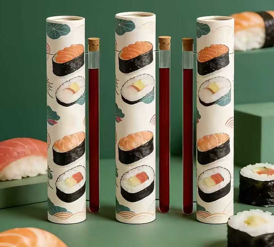 sushi tube ，Packaging sushi tray,tuituile sushi paper packing,tube and straw，Trendy tube-shaped sushi box.